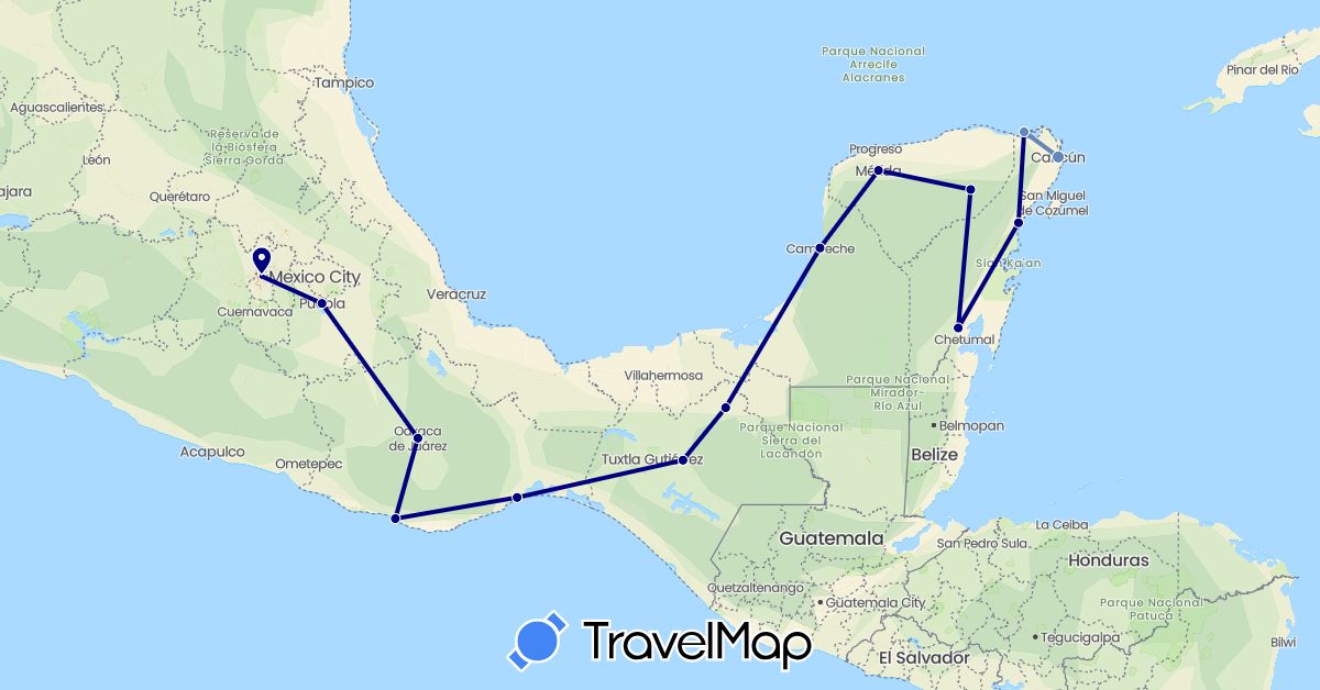 TravelMap itinerary: driving, cycling in Mexico (North America)