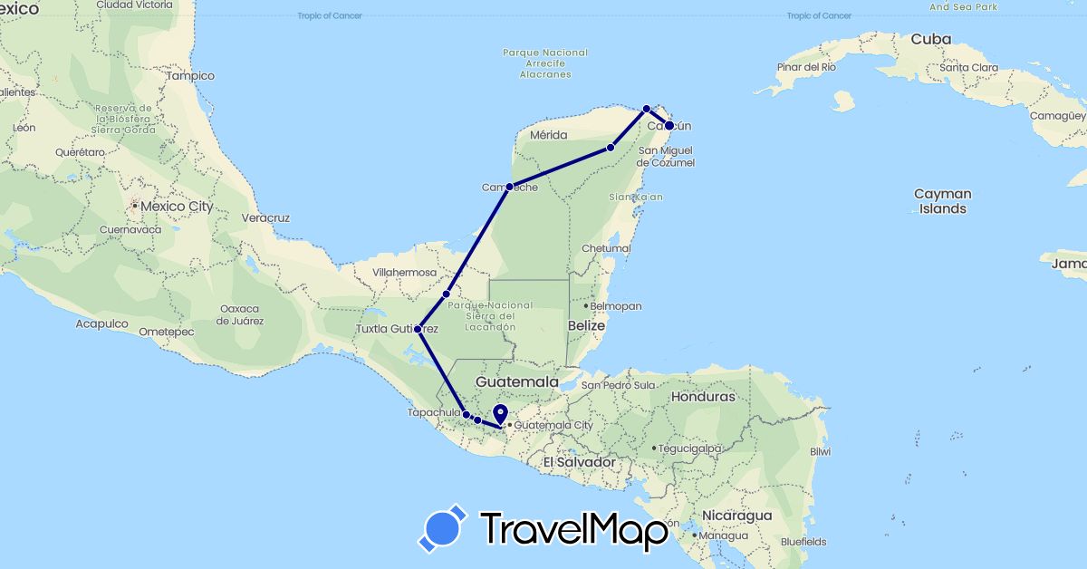 TravelMap itinerary: driving in Guatemala, Mexico (North America)